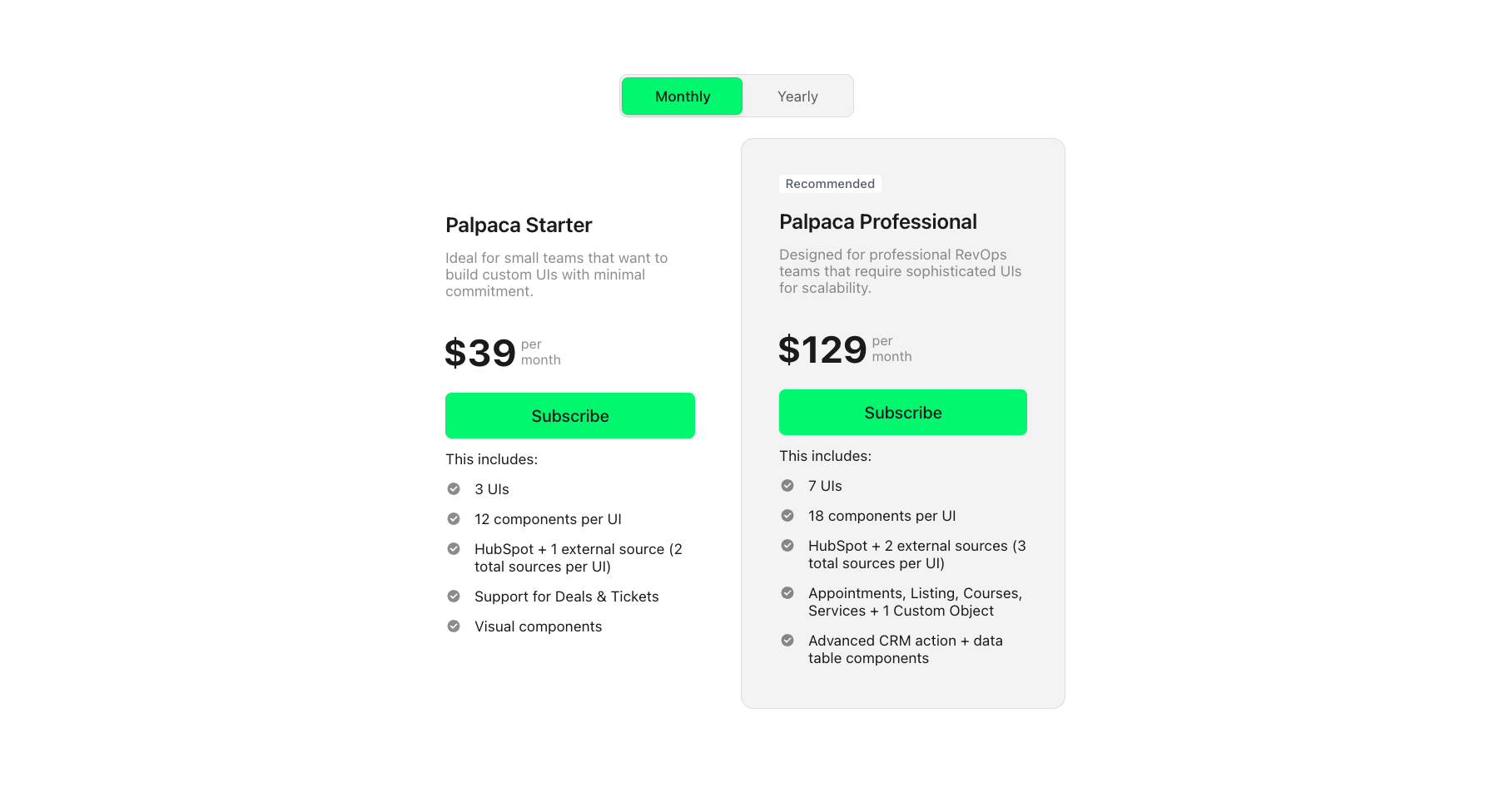 palpaca pricing payment screen